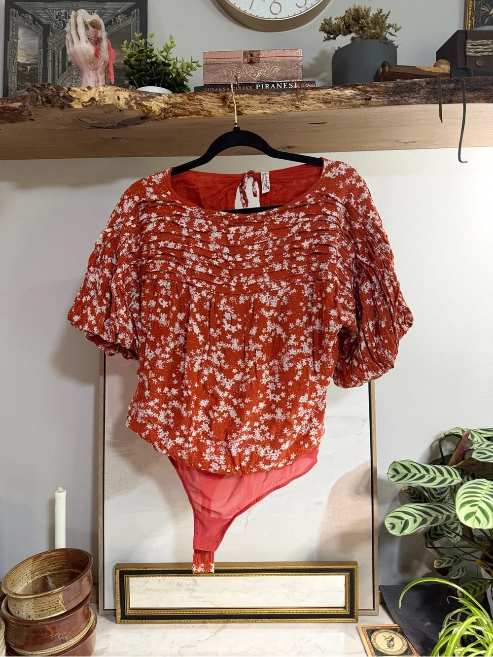 Free People Dessa Floral Rust Red Puff-Sleeve Bodysuit Blouse